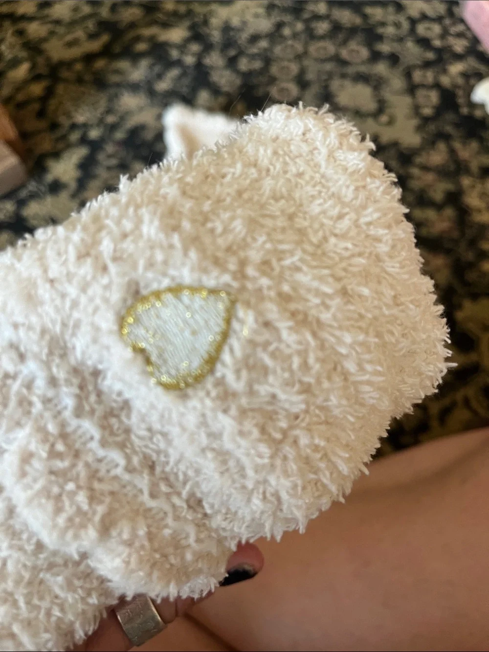 Plush Cream Fuzzy Lounge Socks with Gold Heart Accent
